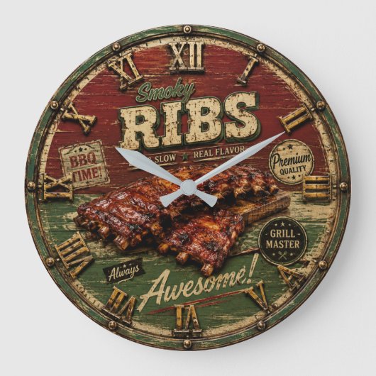 BBQ Ribs Smokehouse Barbecue Grill Master Gift ラージ壁時計 (正面)
