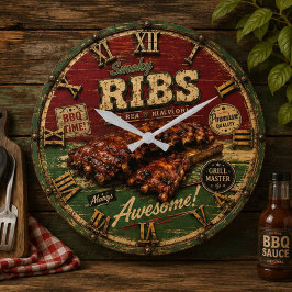 BBQ Ribs Smokehouse Barbecue Grill Master Gift ラージ壁時計