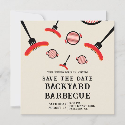 BBQ Save the Date カード グリル&フォーク付き (正面)