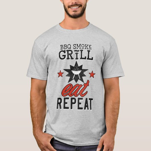 BBQ Smoke Repeat 食べ REPEATヴィンテージ料理 Tシャツ (正面)