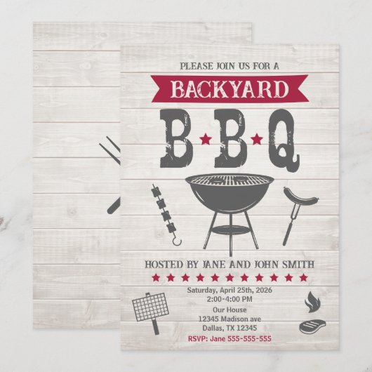 BBQ Summer Backyard Party Rustic 招待状 (正面/裏面)