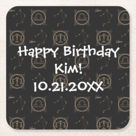 Bdayブラック&金ゴールド〔占星術の〕十二宮図リブラアストロロジースターサイン スクエアペーパーコースター