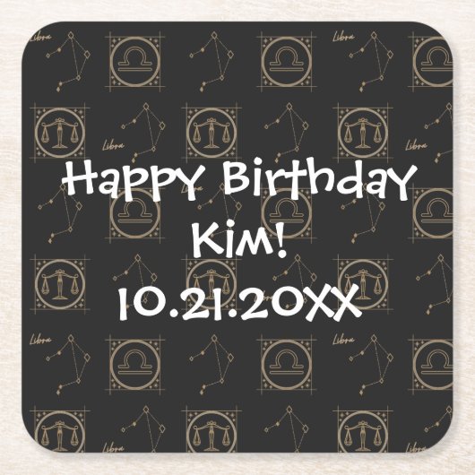 Bdayブラック&金ゴールド〔占星術の〕十二宮図リブラアストロロジースターサイン スクエアペーパーコースター (正面)
