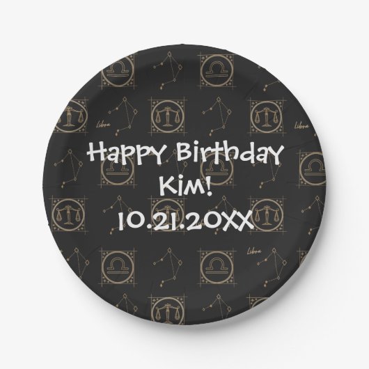 Bdayブラック&金ゴールド〔占星術の〕十二宮図リブラアストロロジースターサイン ペーパープレート (正面)