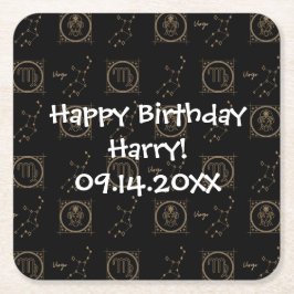Bdayブラック&金ゴールド〔占星術の〕十二宮図《星座》乙女座星占い星印 スクエアペーパーコースター