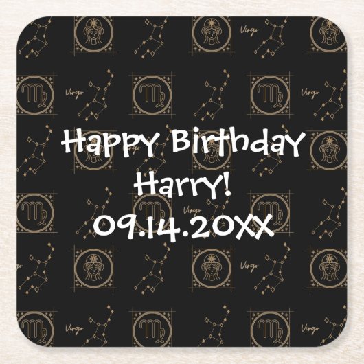 Bdayブラック&金ゴールド〔占星術の〕十二宮図《星座》乙女座星占い星印 スクエアペーパーコースター (正面)