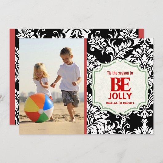 Beヴィンテージすてきブラックダマスク家族フォトカード シーズンカード (正面/裏面)