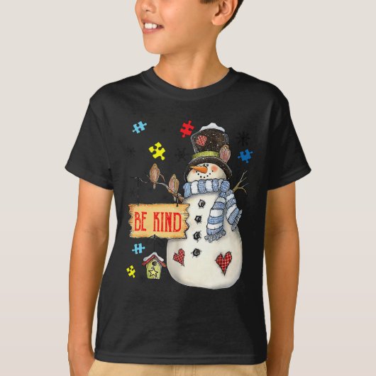 Be親切な雪だるまパズル自閉症意識おもしろい家族 Tシャツ (正面)