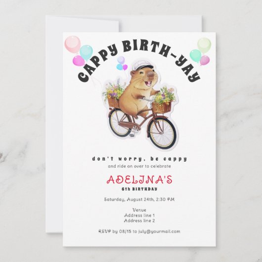 Be Cappy Capybara自転車の子供かわいい誕生日パーティー 招待状 (正面)