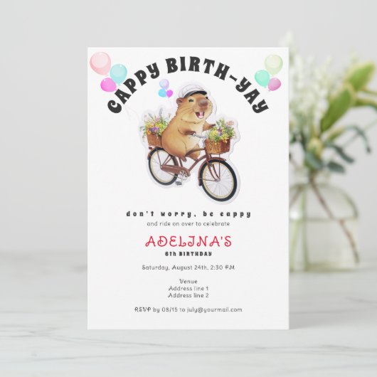 Be Cappy Capybara自転車の子供かわいい誕生日パーティー 招待状 (スタンド正面)