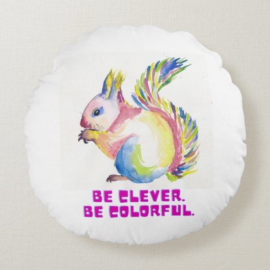 Be Clever. Be Colorful - Watercolor Squirrel ラウンドクッション (正面)