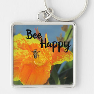 Be Happy Bee Pun明るいオレンジ色の花写真フローラ キーホルダー