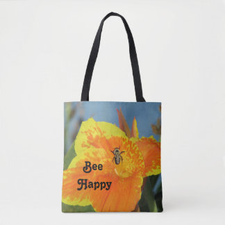 Be Happy Bee Pun明るいオレンジ色の花写真フローラ トートバッグ