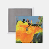 Be Happy Bee Pun明るいオレンジ色の花写真フローラ マグネット (正面/裏面)