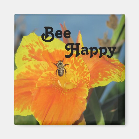 Be Happy Bee Pun明るいオレンジ色の花写真フローラ マグネット (正面)