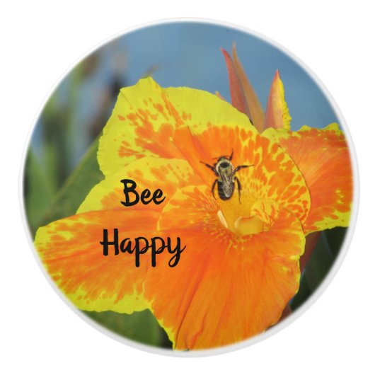 Be Happy Canna Lily Photo Bee Pun かわいらし Flower セラミックノブ (正面)