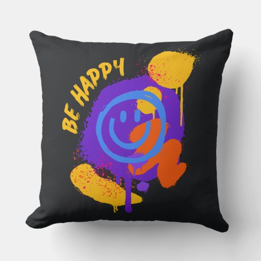Be Happy Graffiti Smiley Colorful Street Art クッション (正面)