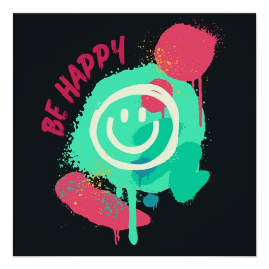 Be Happy Smiley Mint & Pink Graffiti Street Art ポスター (正面)