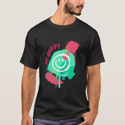 Be Happy Smiley Mint & Pink Graffiti Street Art Tシャツ (正面)