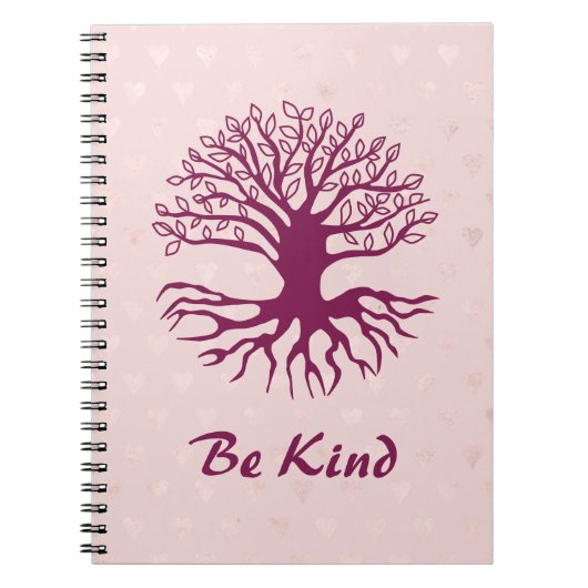 Be Kind – ピンクのハートでバーガンディの生活の木 ノートブック (正面)