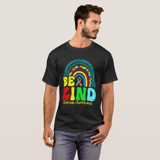 Be Kind Autism Awareness Love Heart Leopard Rainbo Tシャツ (正面フル)