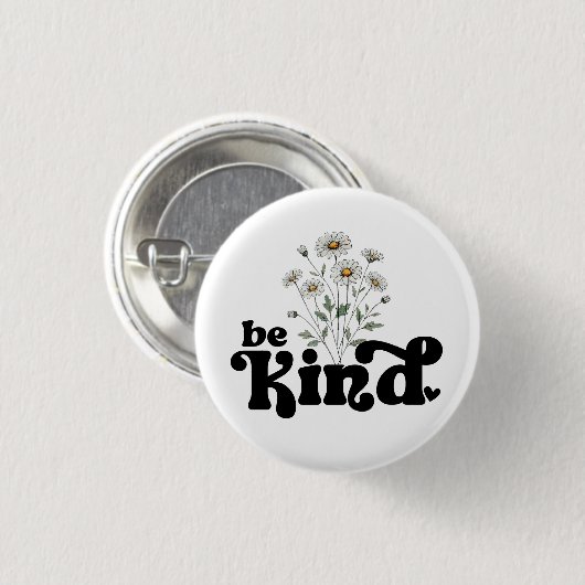 Be Kind Daisy – Minimalist Black Typography Floral 缶バッジ (正面&裏面)