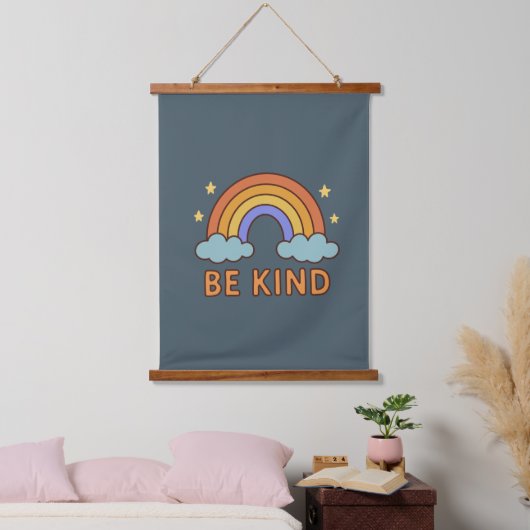 "Be Kind Rainbow - カラフル引用文前向きデザイン" 吊り下げ型タペストリー (寝室)