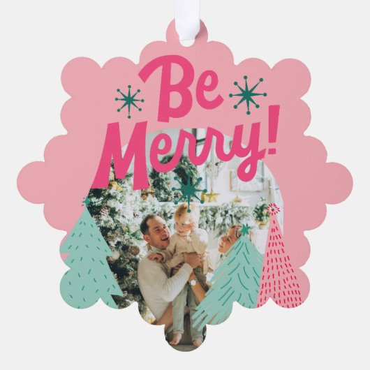 Be Merry Pink Scribble Tree Arched Photo オーナメントカード (裏面)