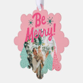 Be Merry Pink Scribble Tree Arched Photo オーナメントカード (左)