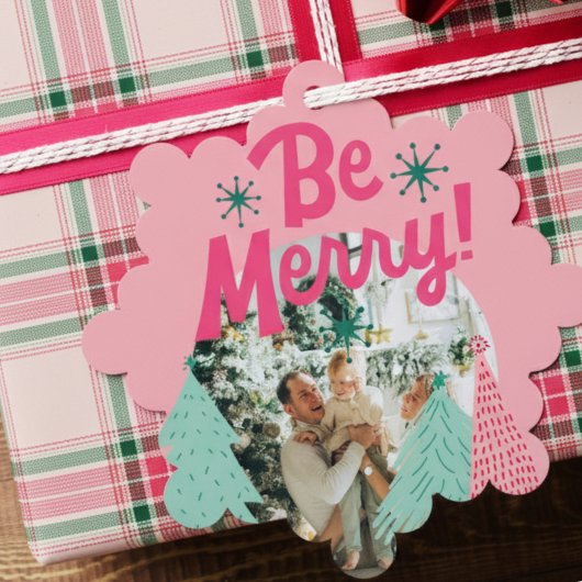 Be Merry Pink Scribble Tree Arched Photo オーナメントカード