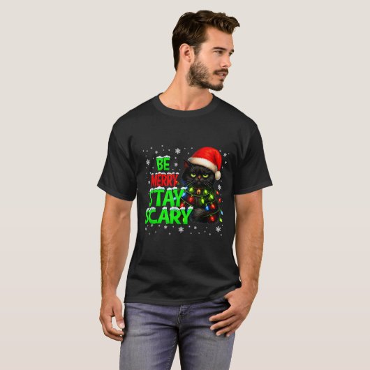 Be Merry Stay Y Black Cat Funny Halloween Christma Tシャツ (正面フル)