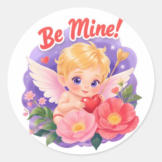 「Be Mine」とキュートなバレンタインのキューピッド ラウンドシール (正面)