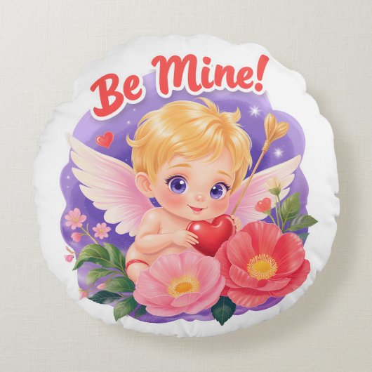 「Be Mine」のキューピッド バレンタインデー ラウンドクッション (正面)