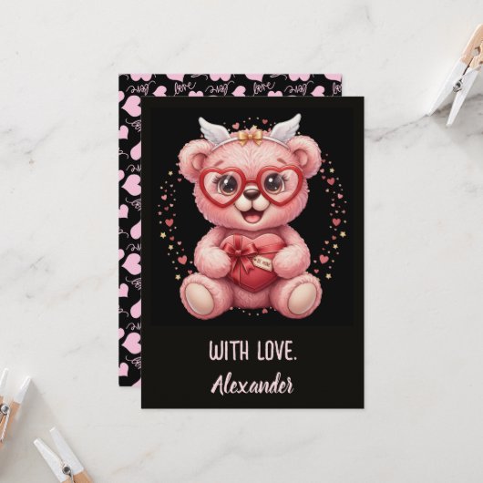 Be Mine! Cute Pink Teddy Bear Sweetheart  カード (正面/裏面インサイチュ)