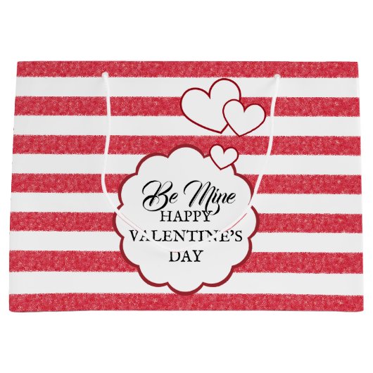 Be Mine Happy Valentine's Day Heart Chalk Stripes ラージペーパーバッグ (正面)