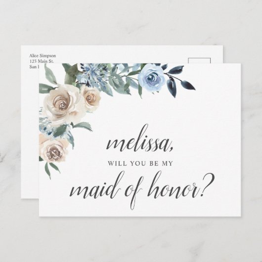 Be Myメイド・オブ・オーナー（花嫁付き添い人）ほこりっぽい青い花Boho インビテーションポストカード (正面/裏面)