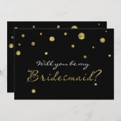 BE MY BRIDESMAIDブラック&金ゴールドグリッターカーモダンド 招待状 (正面/裏面)
