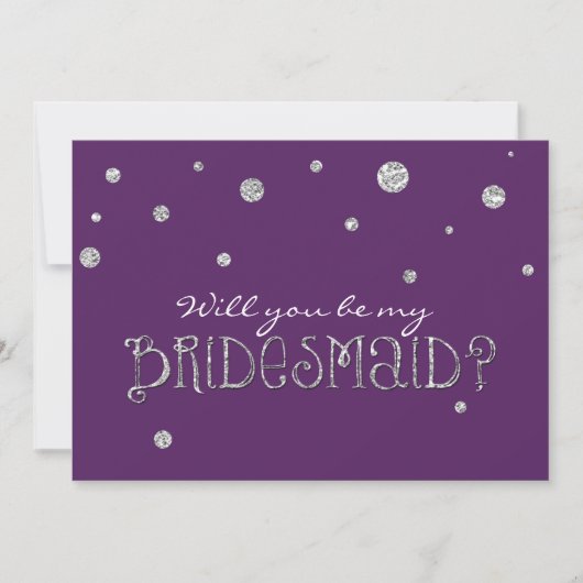 BE MY BRIDESMAID パープル シルバー グリッター モダン カード (正面)