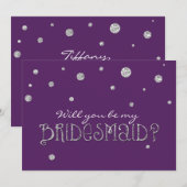 BE MY BRIDESMAID パープル シルバー グリッター モダン カード (正面/裏面)