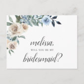 Be My Bridesmaid Dusty Blue Beige Flowers Boho Inv インビテーションポストカード (正面)