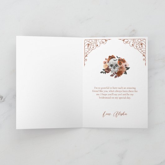 Be My Bridesmaid? Gothic Skeleton Floral Bouquet カード (内部)