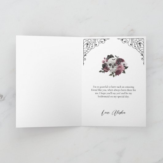 Be My Bridesmaid? Gothic Skeleton Floral Bouquet カード (内部)