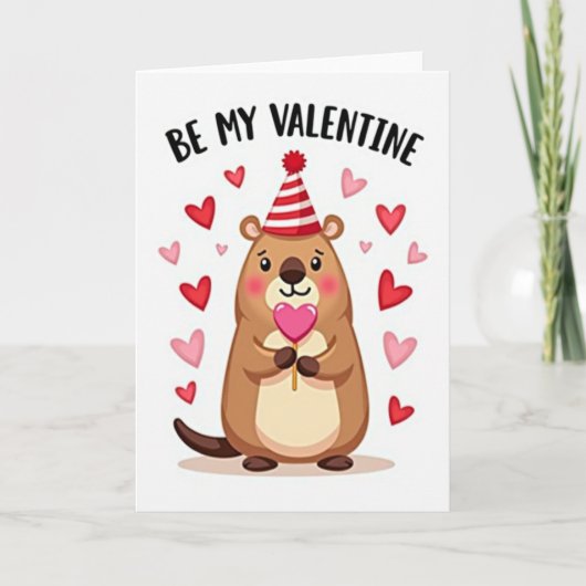 Be My Valentine Beaver Striped Card カード (正面)