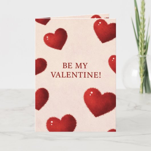 Be My Valentine Card with Fuzzy Red Hearts Romanti シーズンカード (正面)