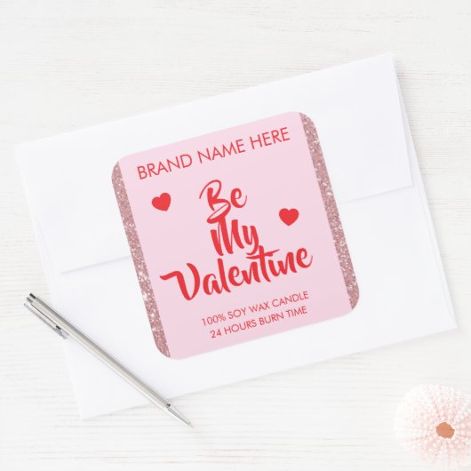 Be My Valentine Custom Pink Candle Labels  スクエアシール (封筒)