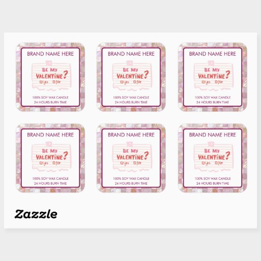 Be My Valentine Custom Pink Candle Labels  スクエアシール (シート)
