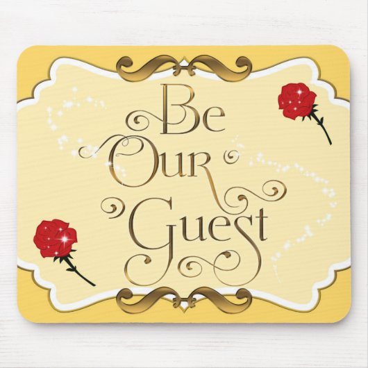 BE OUR GUEST イエローゴールドの赤いバラ マウスパッド (正面)