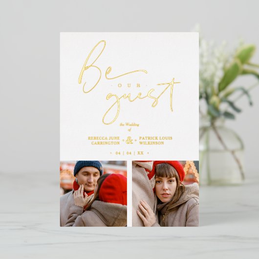 Be Our Guest Collage 2 Photos Romantic Wedding 箔招待状 (立ち正面)