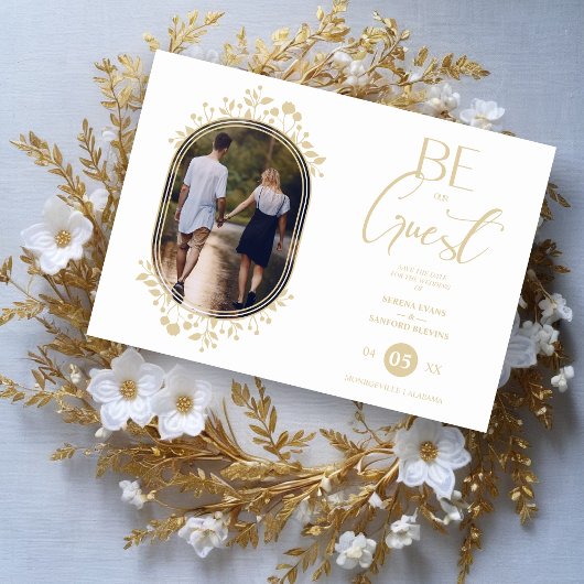 Be our Guest White Wedding Chic Floral Frame Photo セーブザデート