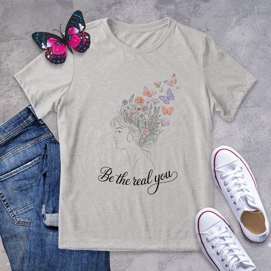 Be the 実在 You Butterflyフローララインアートシャツ トライブレンドTシャツ